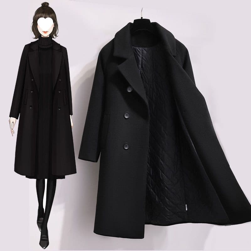 Black woolen coat for women, autumn and winter 2025 new style, high-end petite Korean-style Audrey Hepburn look.