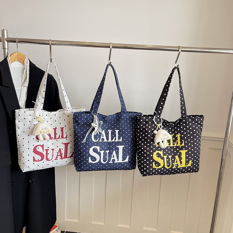 2026 New Korean Style Ins-Style Black and White Polka Dot Handbag, Large Capacity Versatile Casual Tote Bag for Commuting Students