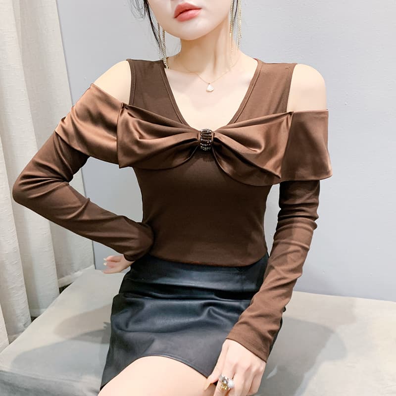 2025 Spring New Design Fashion V-Neck Off-Shoulder Slim Fit Flattering Versatile Long-Sleeve Top for Women