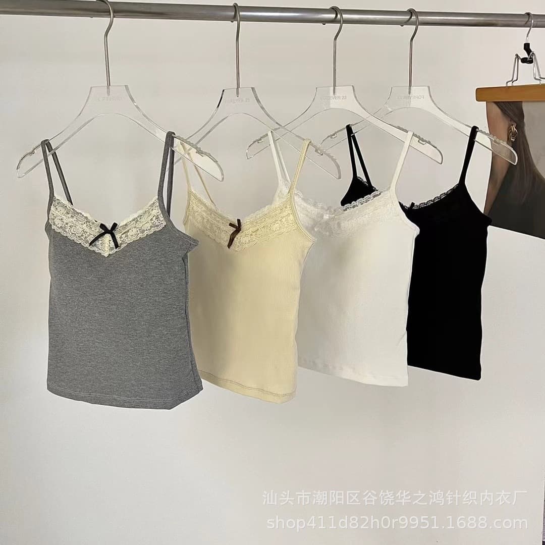 New Bow Lace Trim Camisole with Built-in Bra for Women, Slim-Fit Layering Sweet and Hot Girl Top
