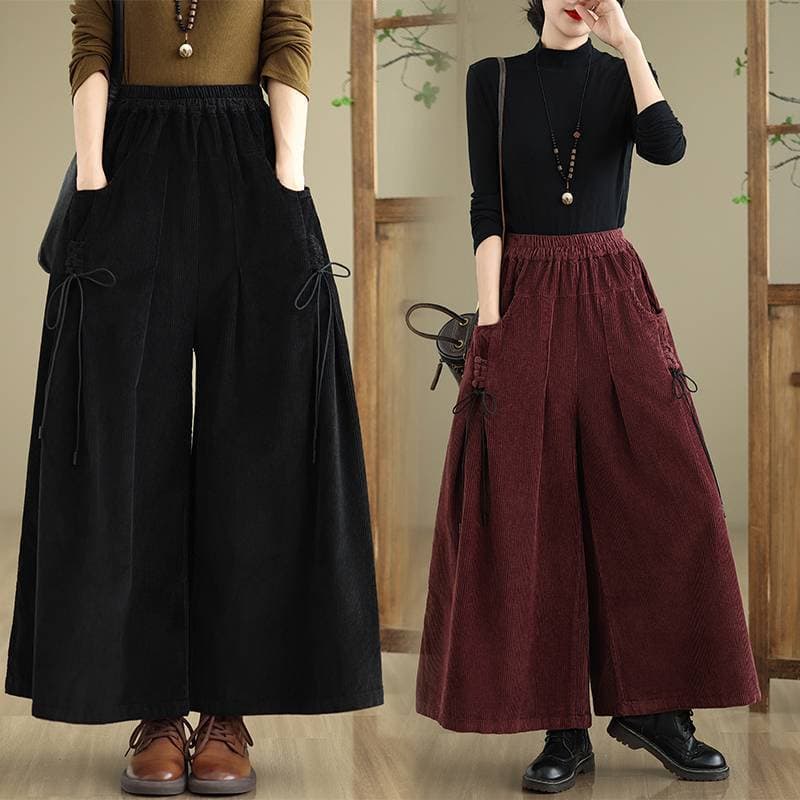 New Arrival Real Shot Autumn Winter Solid Corduroy Casual Wide Leg Pants for Women