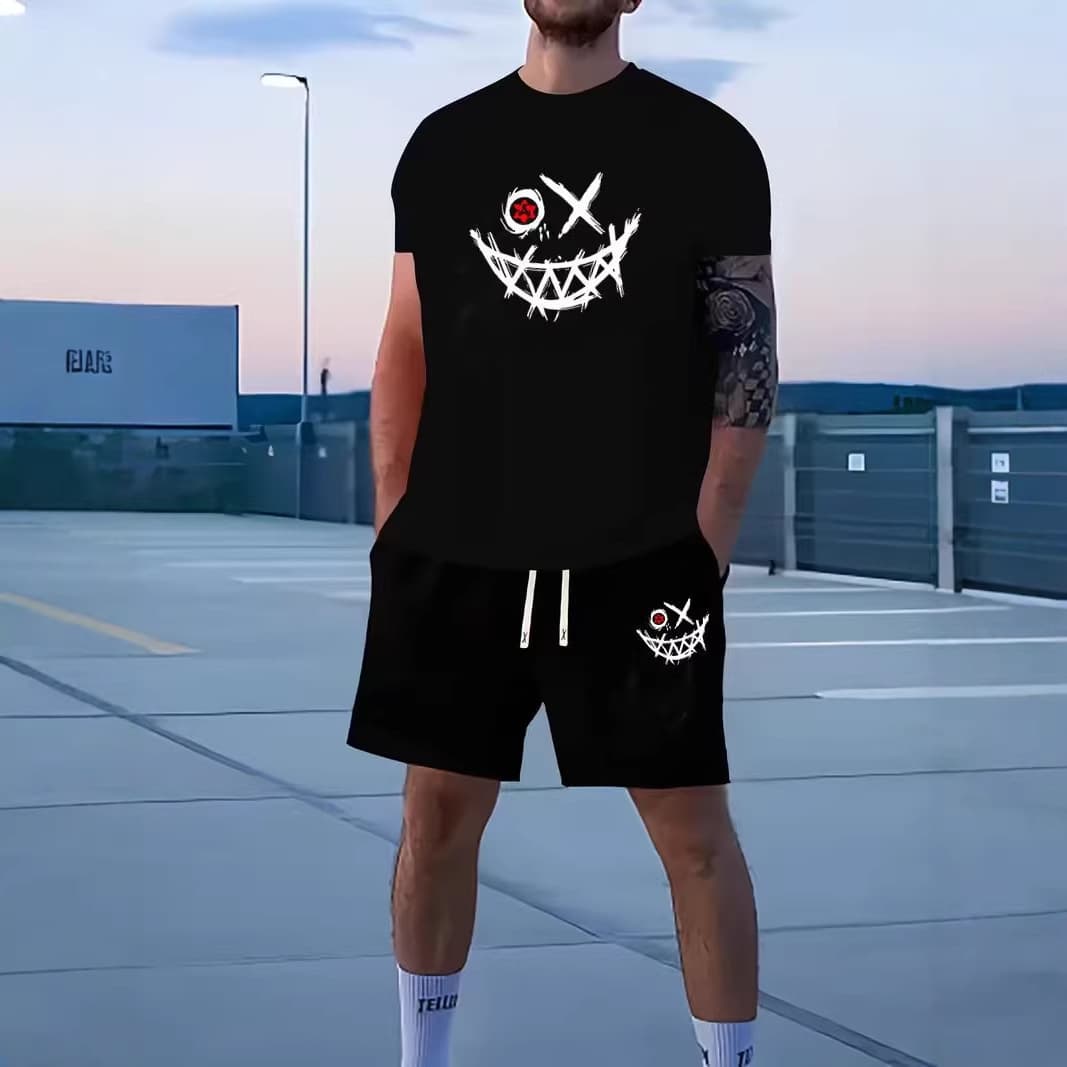 2026 Summer New Men's Short Sleeve Set Smiley Print Loose Fit Plus Size T-Shirt and Shorts 2-Piece Set