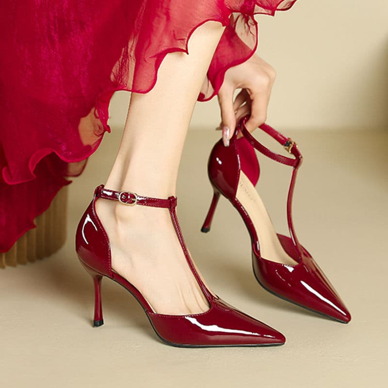 One-word buckle hollow single shoes toe-toe high-heeled shoes for women 2026 spring new sexy pointed-toe stiletto sandals T-type