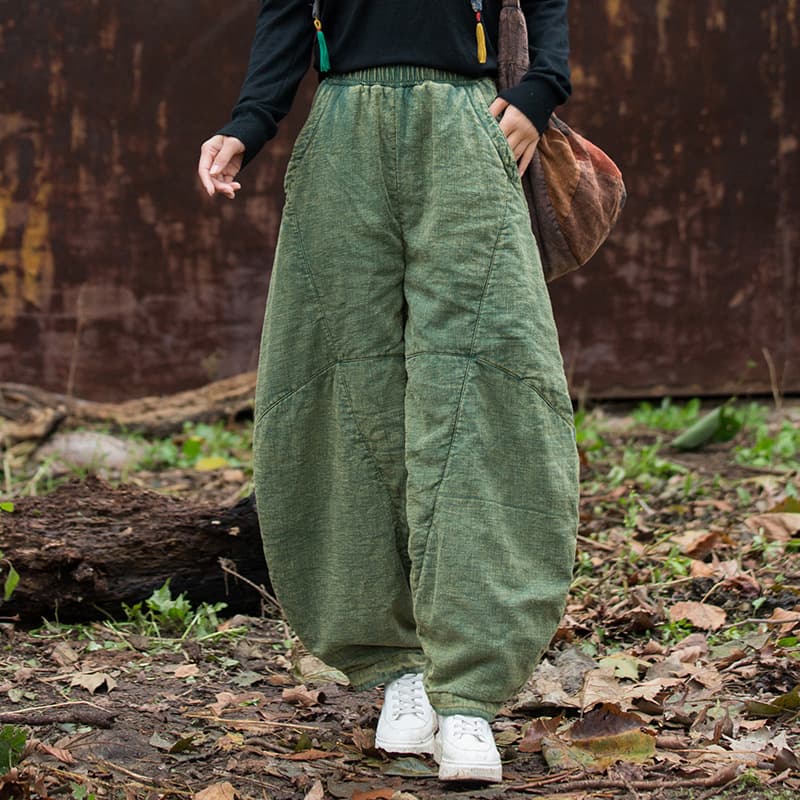 25 Winter Women's New Ramie Quilted Thickened Stir-Dyed Lantern Pants Artistic Retro Cotton/Linen Meditation Tai Chi Pants