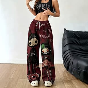 European and American Cross-Border New Halloween Christmas Gothic Doll Graffiti Culture Dropped Straight Tube Pants for Women