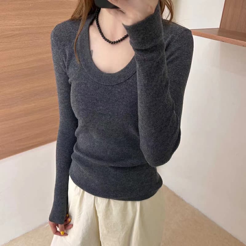 Autumn 16 Gauge Germany Stoll 48s 100% Wool U-Neck Knit Sweater Women's Slim Fit Pullover Base Layer