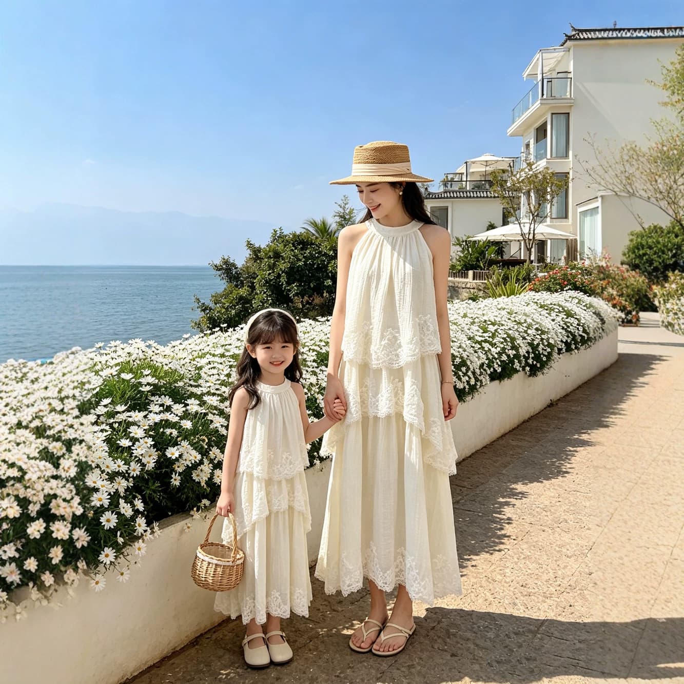 Mother-Daughter Matching Dresses Summer New French Lace Halter Tiered Maxi Dress Beach Vacation Dress