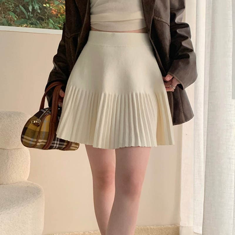 2025 Autumn Winter High Waist Knitted Short A-Line Skirt Pleated Polyester Versatile Mini Dress for Teen Girls Sweet Fresh Style