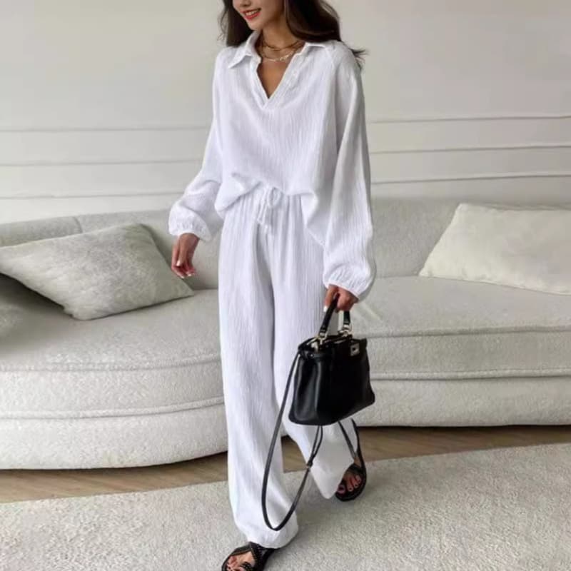Amazon Cross-Border Spring/Autumn Casual Linen Cardigan Long Sleeve Pocket Wide-Leg Pants Fashion Sportswear Set