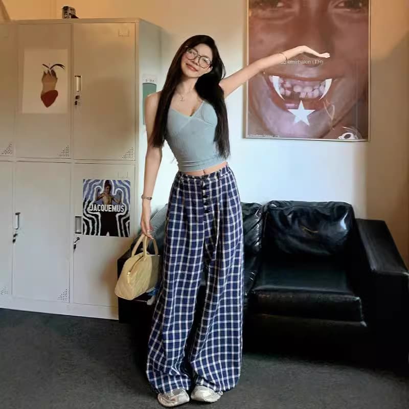 Drop Shipping Wholesale Original Navy Blue Draped Lazy Plaid Wide Leg Pants for Women Summer Loose Thin Casual Trousers