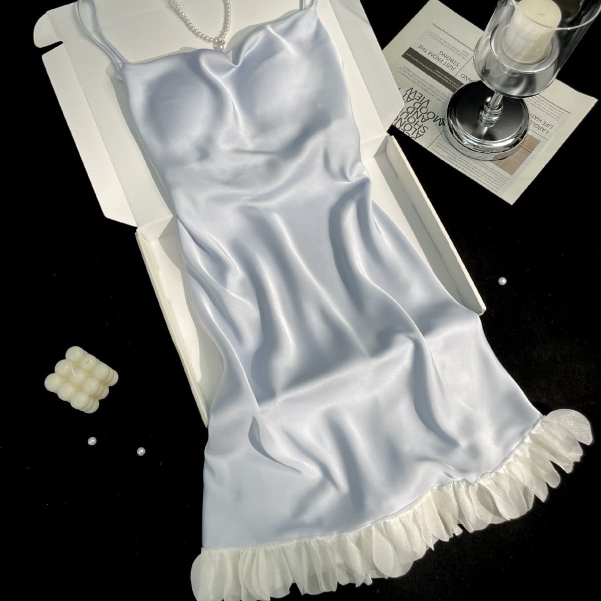 Pajamas for women, ice silk, sexy pajamas, nightgown with breast pads, thin swing collar, lace, ice silk suspender nightgown