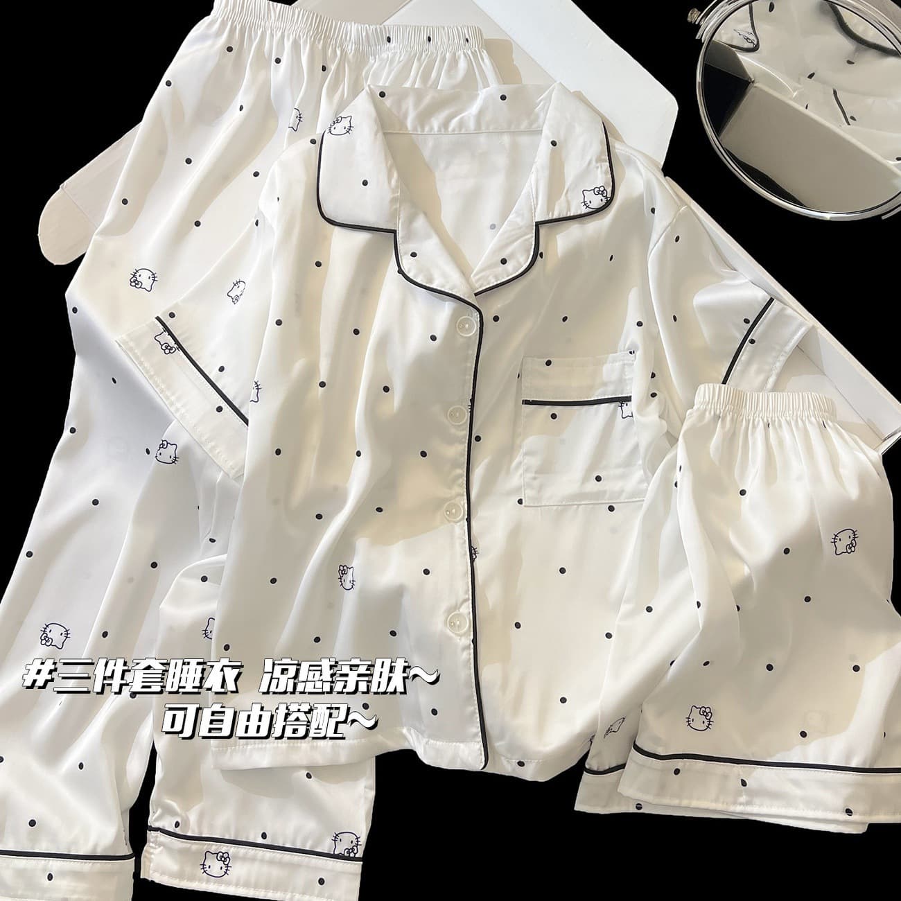 Polka Dot Cat 2026 New Girls' Pajamas, Women's Summer Ice Silk Short-Sleeved Thin Style Children's Home Wear for Little Girls