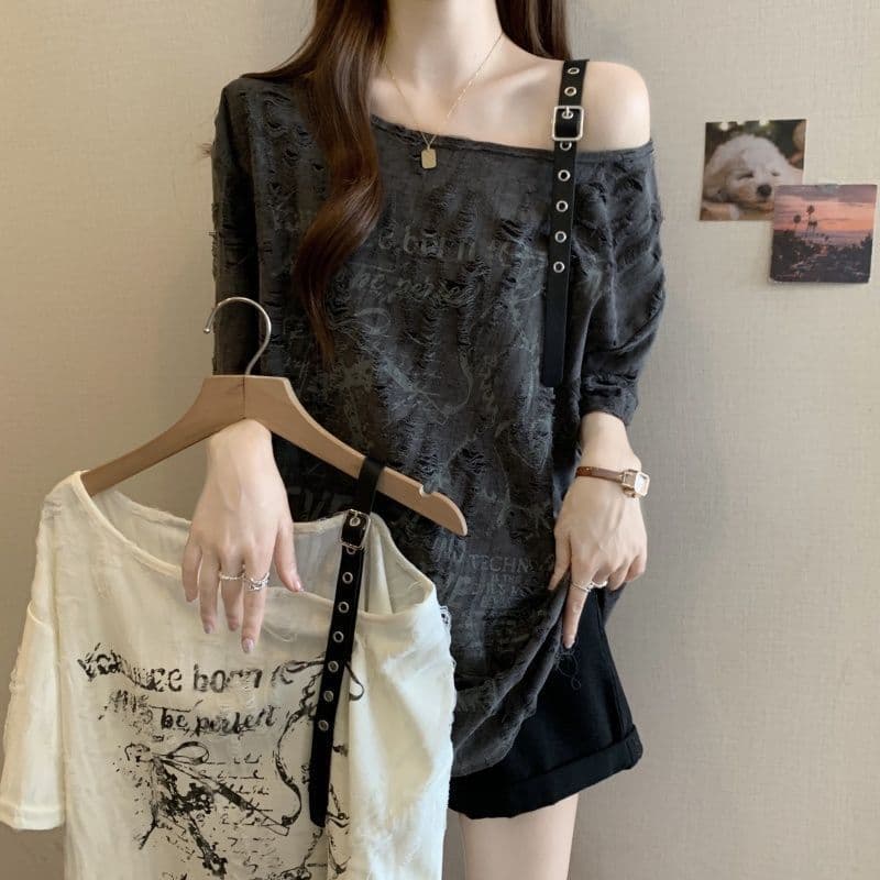Plus Size Distressed One-Shoulder Short-Sleeve T-Shirt for Women Summer 2026 New Loose Fit Slimming Cover-Flesh Off-Shoulder Top