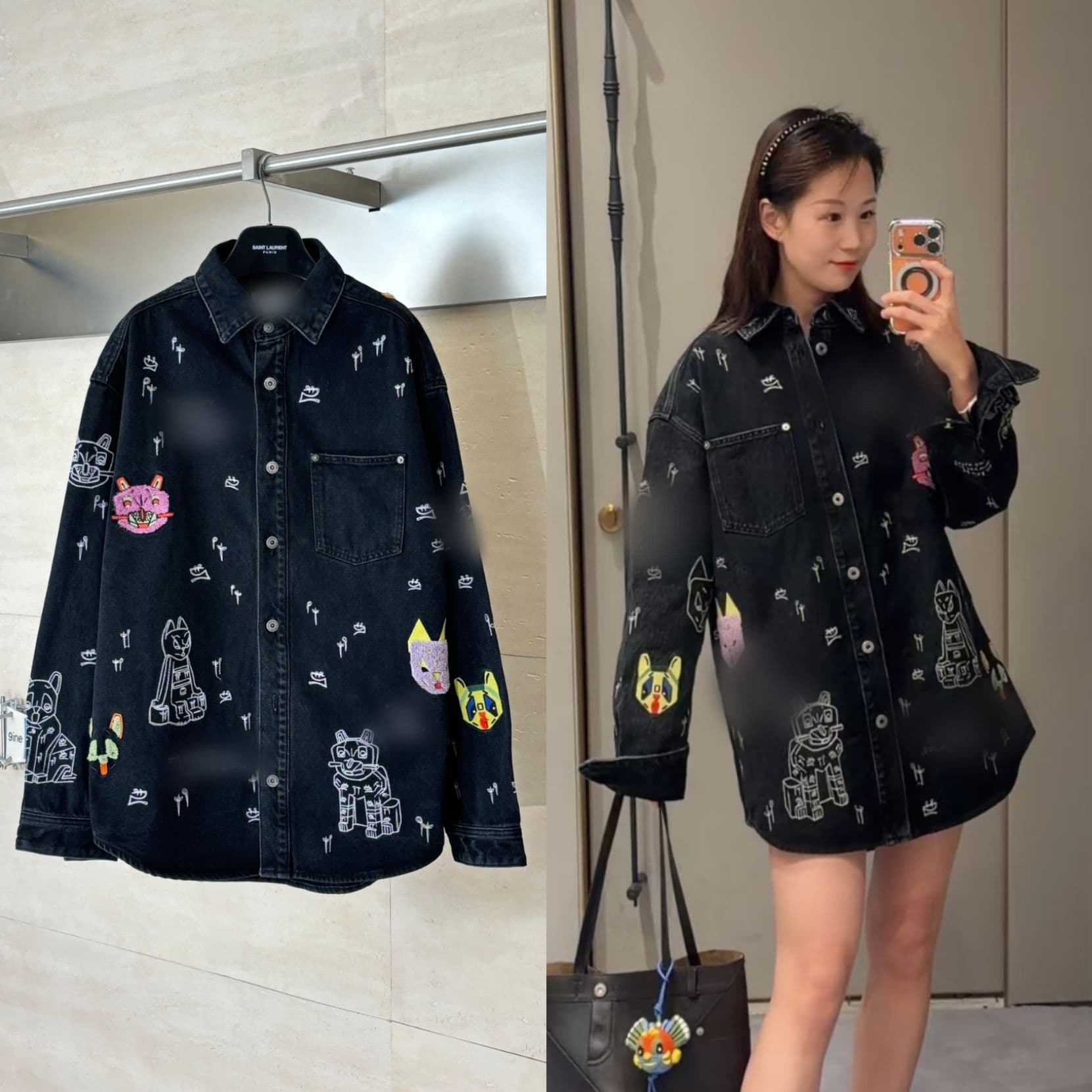 Ceiling Quality LOW Brand Collaboration Heavy-Duty Cat Embroidery Loose Shirt-Style Denim Jacket Unisex Streetwear