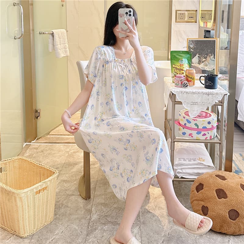 Cotton Silk Sleep Dress for Women, Short Sleeve, Plus Size, Loose Fit, Spring/Autumn, High-End Feel, Cotton Print, Maternity Homewear