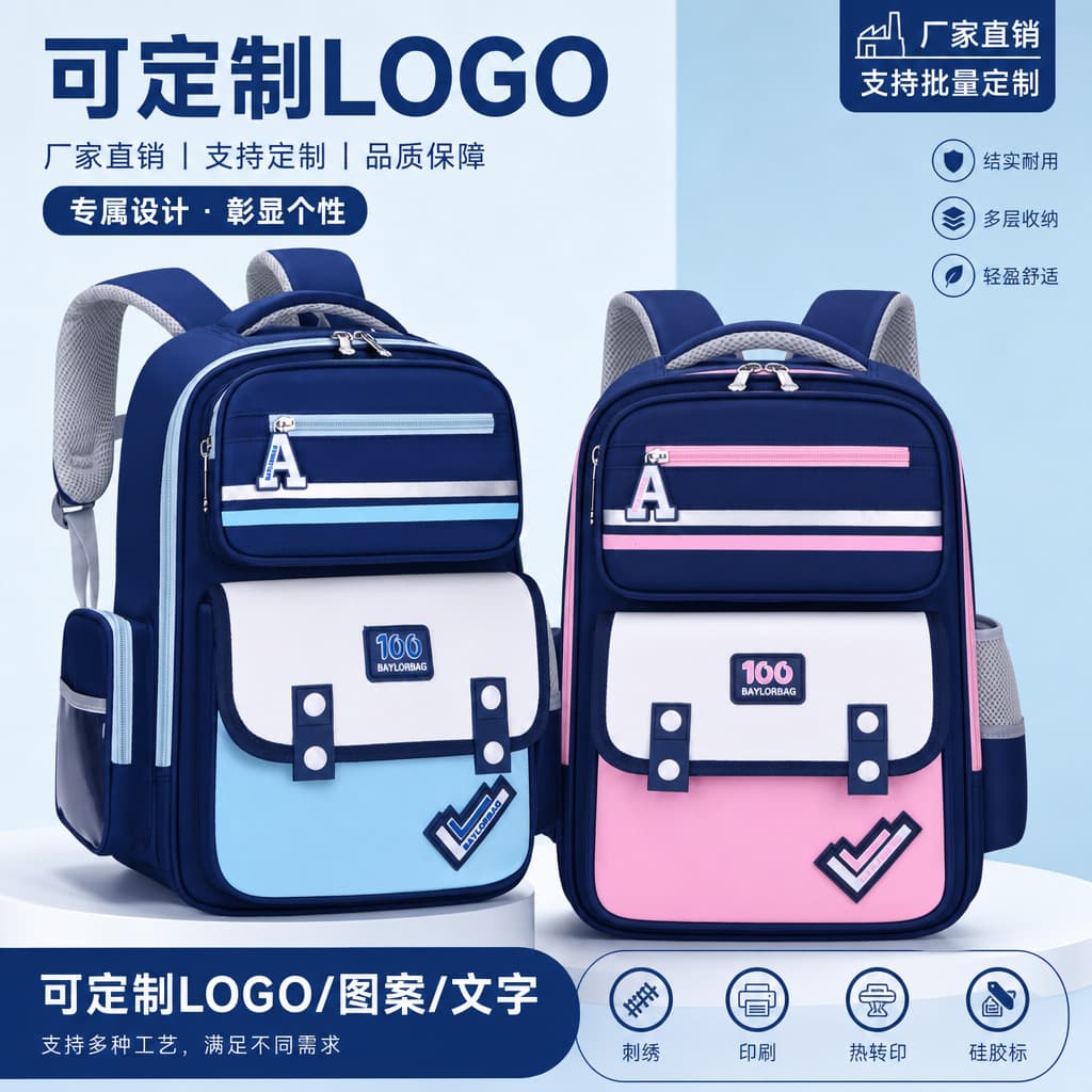 Customizable Printed Logo Primary School Backpack for Boys and Girls Grades 1-3-6 Children's Shoulder Bag Waterproof Lightweight