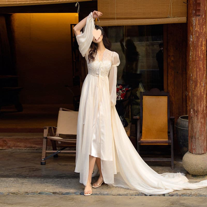 Bridal Morning Robe Light Wedding Dress Bride Sleepwear Women's Wedding Gown High-End Photoshoot Stunning Fairy Lace Train Dress