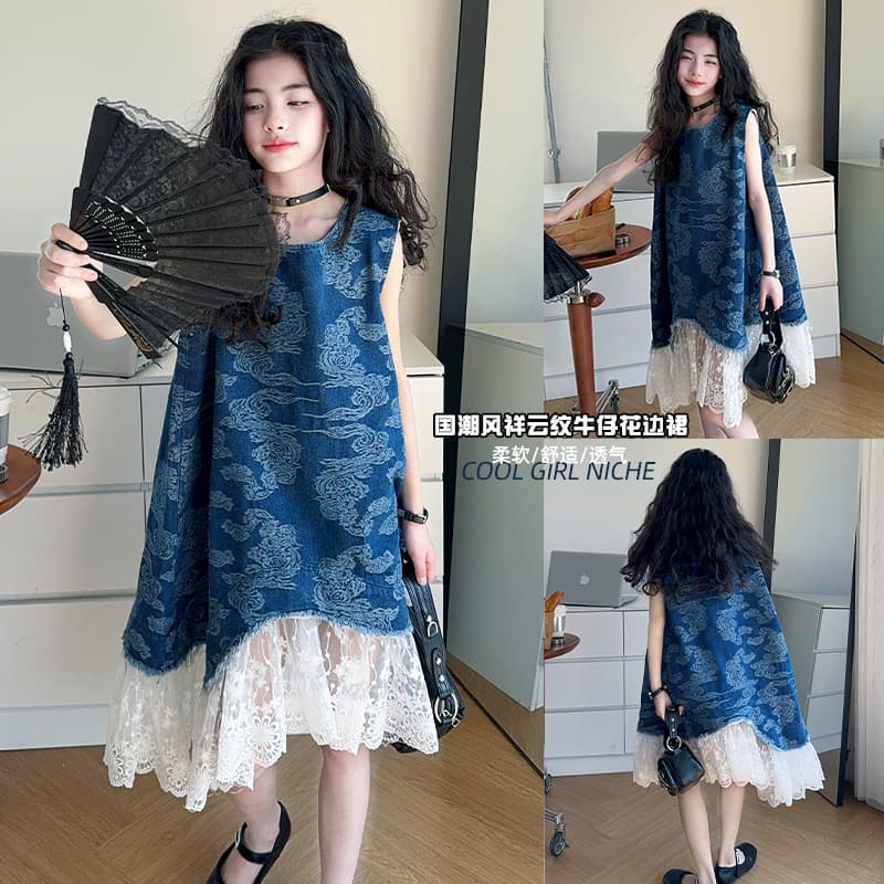 Girls' Denim Dress Summer Patchwork Lace Chinese Style New Chinese-inspired Sleeveless Vest Dress, Trendy Children's Summer Skirt