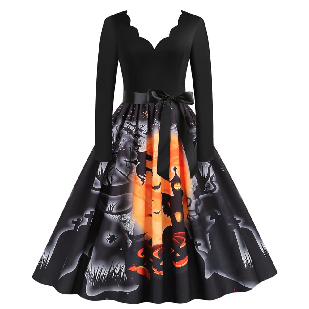 Actual shot of 2022 Halloween skull print V-neck burnt flower long-sleeved long-sleeved dress with ribbon