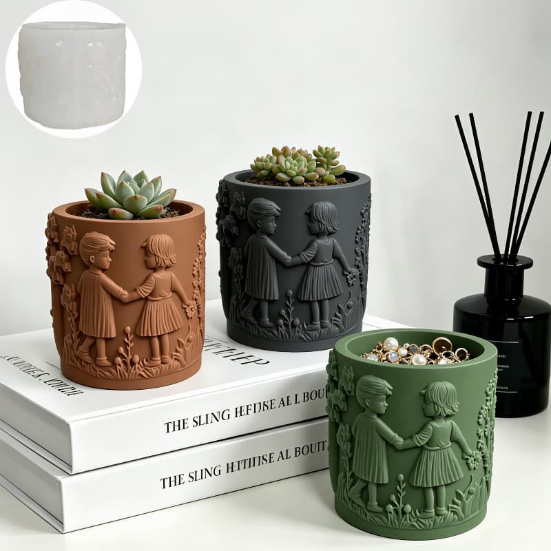 Hand-in-Hand Kids Plaster Candle Cup Silicone Mold DIY Resin Storage Cup Cement Flower Pot Ornament Mold
