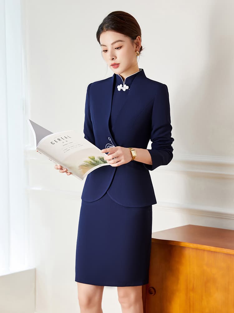 New Chinese style retro embroidered professional women's clothing, autumn and winter, elegant goddess style, hotel receptionist, beauty salon work uniform.