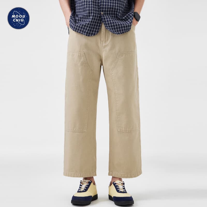 Muqiu Men's Clothing | American Vintage 9/10 Length Cargo Casual Pants for Men, Straight Leg, Short Fit
