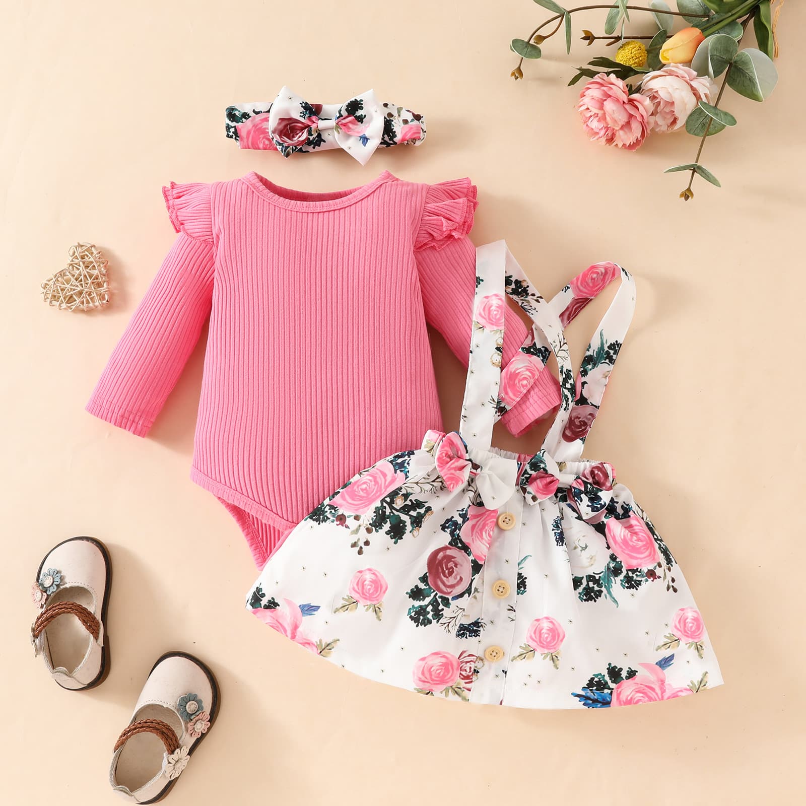 Amazon cross-border infant girl solid color long-sleeved triangle romper flower print suspender skirt headscarf suit
