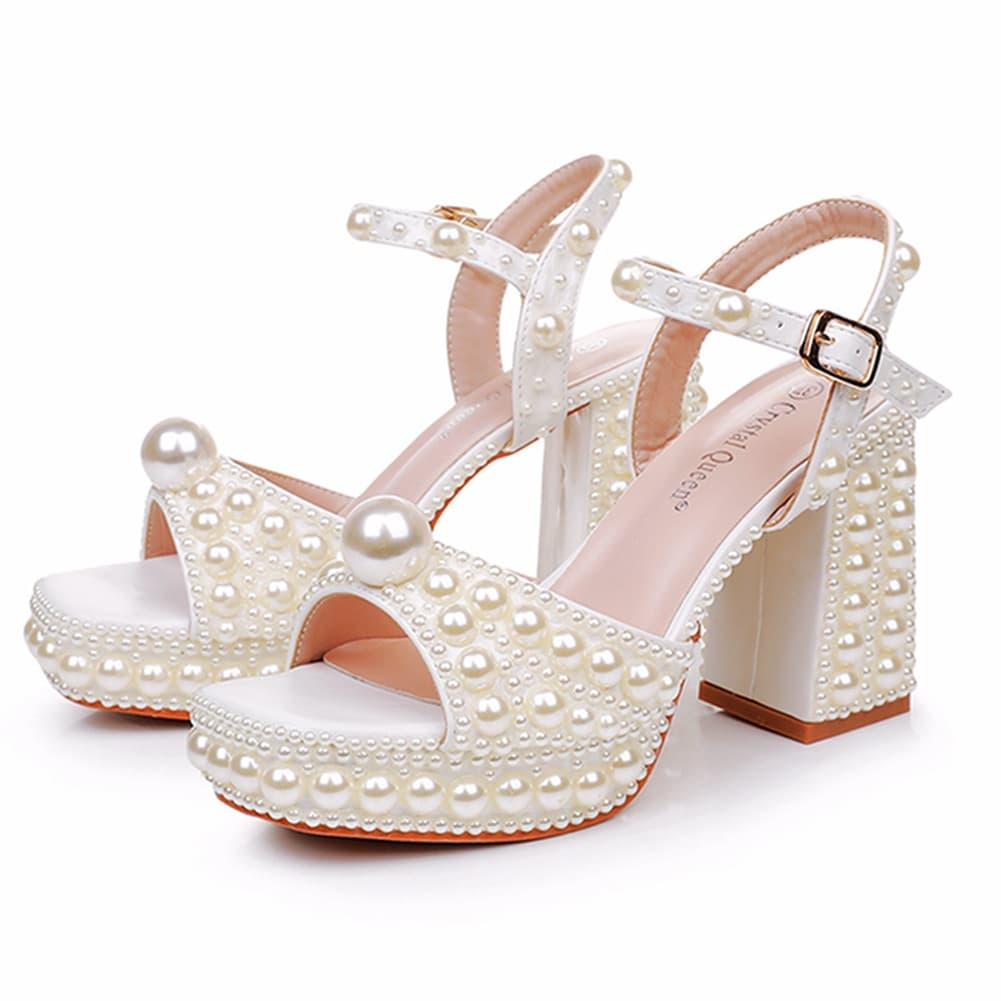 9cm Chunky Heel Peep Toe Platform Sandals Round Toe Square Heel Chunky Heel Sandals White Pearl Bride Wedding Dress Shoes