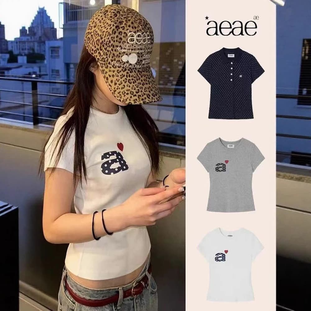 South Korean Fashion Brand Aeae Love A Letter T-Shirt Women's 25 Summer Slim Fit Short College Style Polka Dot Polo Collar Short Sleeve