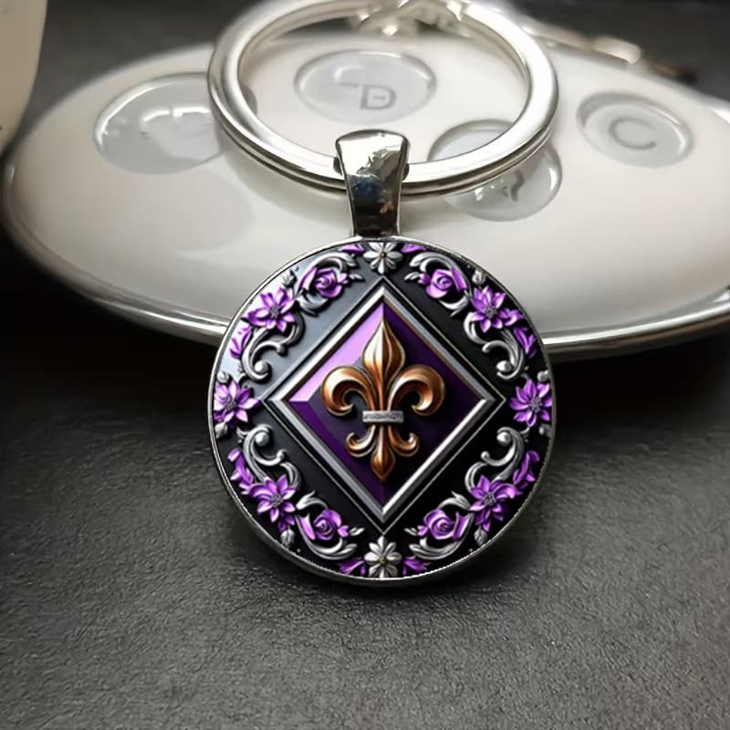 Medieval Style Luxury Shield Emblem with Exquisite Heraldry and Purple-Silver Vine Pattern Design Round Glass Keychain