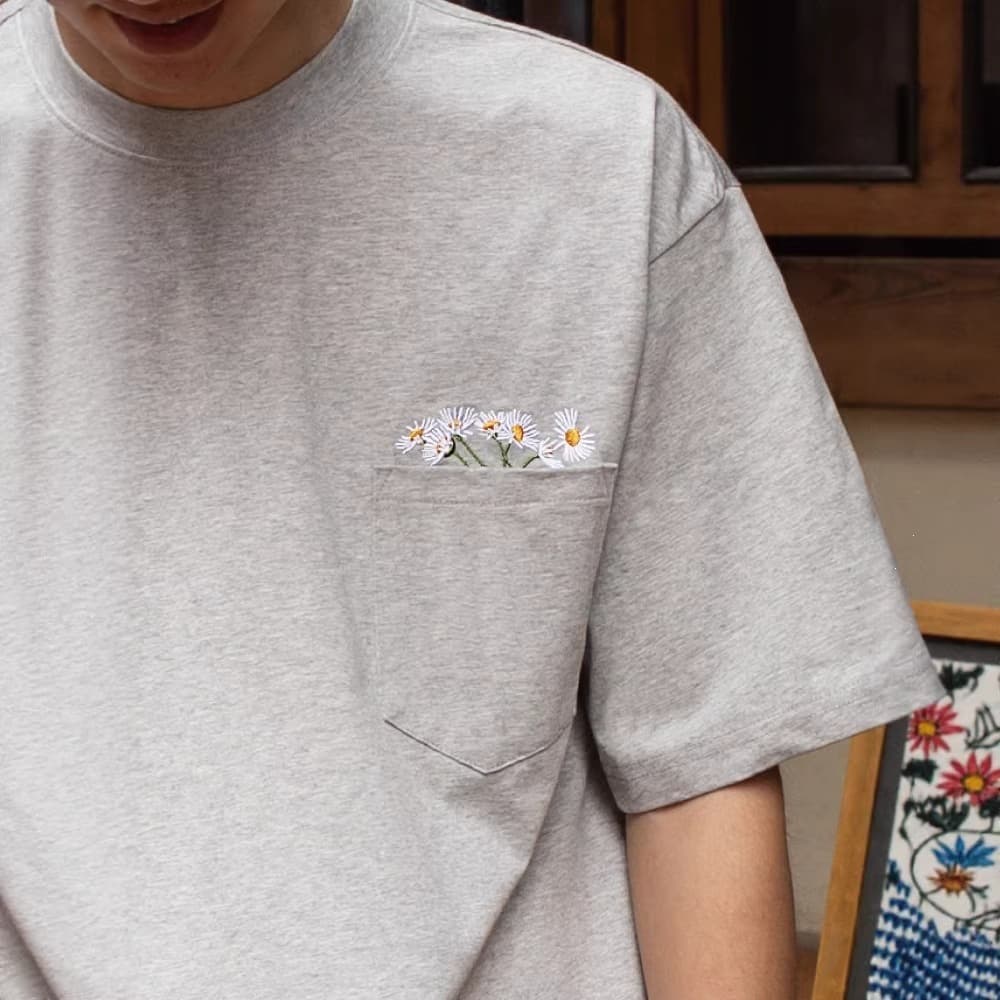 Cross-border Supply Gray Chinese-style Small Flower Embroidered Pocket Short-sleeve T-shirt for Men and Women Summer Ice-feel Retro Heavyweight Top