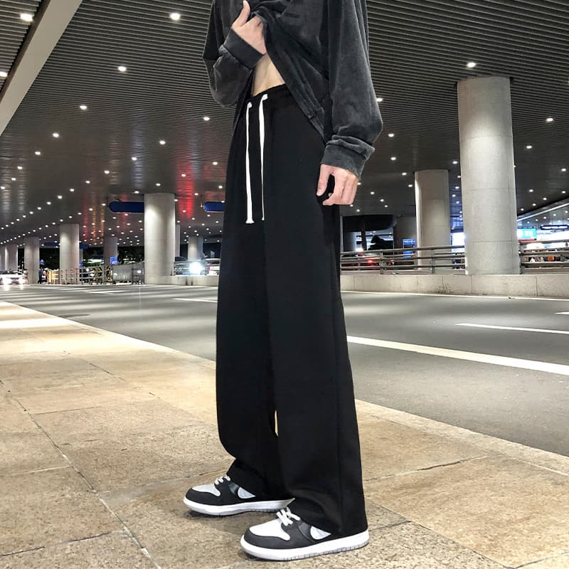 Black Straight Leg Pants for Men, Draped Loose Fit 2025 Fall New Sweatpants, Wide Leg Casual Long Pants for Teens