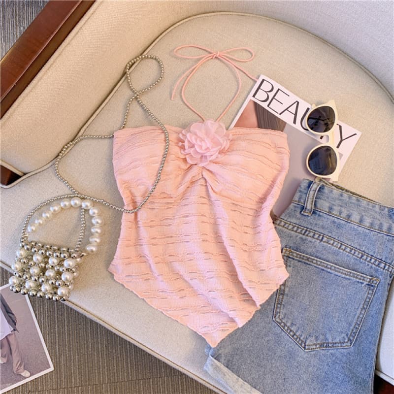 Dopamine Outfit 3D Flower Halter Top for Women Summer Hot Girl Asymmetric Tube Top Short Top