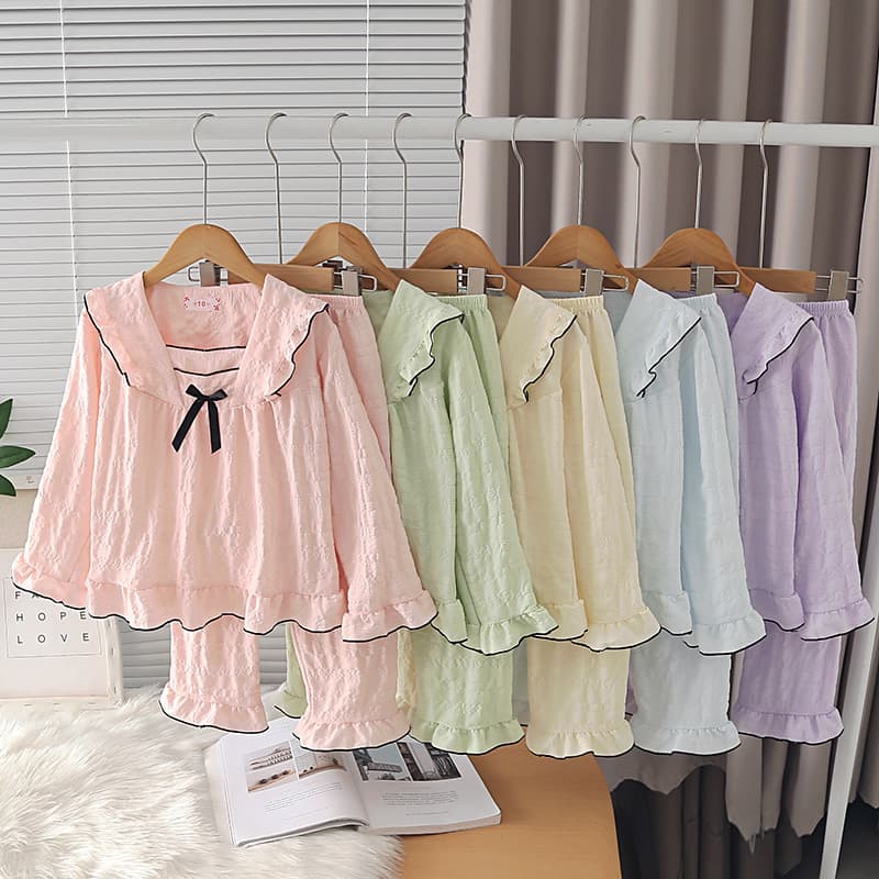 Girls' Pajamas New Cloud Cotton Medium-Large Set Lace Solid Color Children's Pajamas Top Pants Spring Autumn Two-Piece