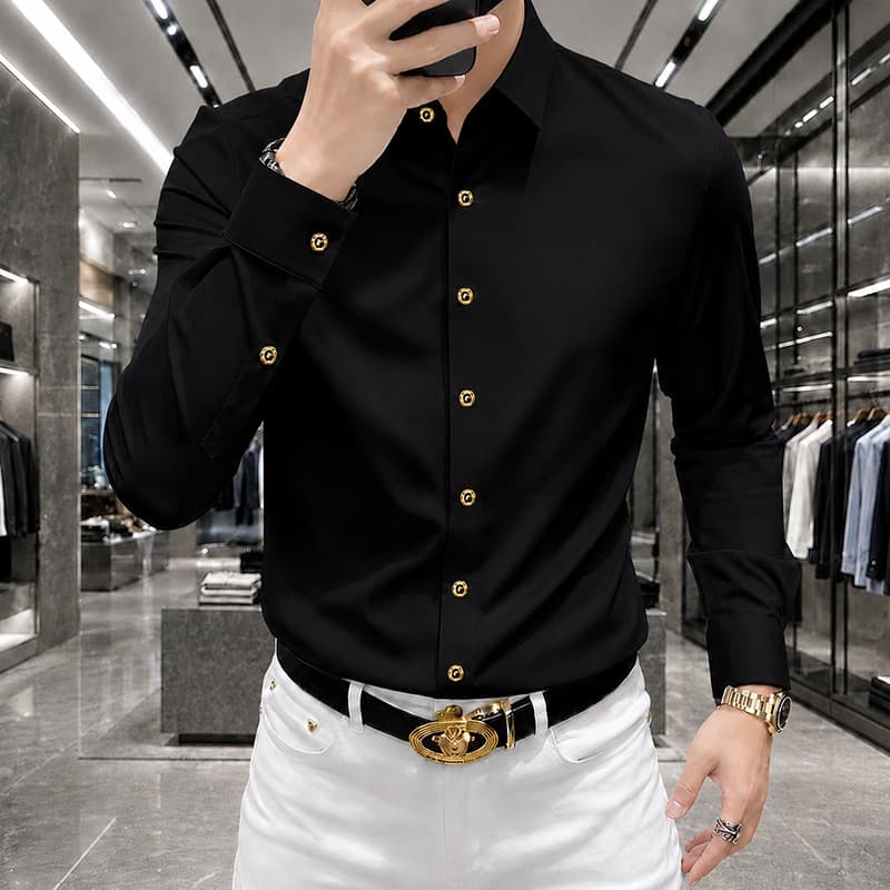 Premium non-iron long-sleeved shirt for men, business casual, slim fit black shirt, men's formal autumn base layer
