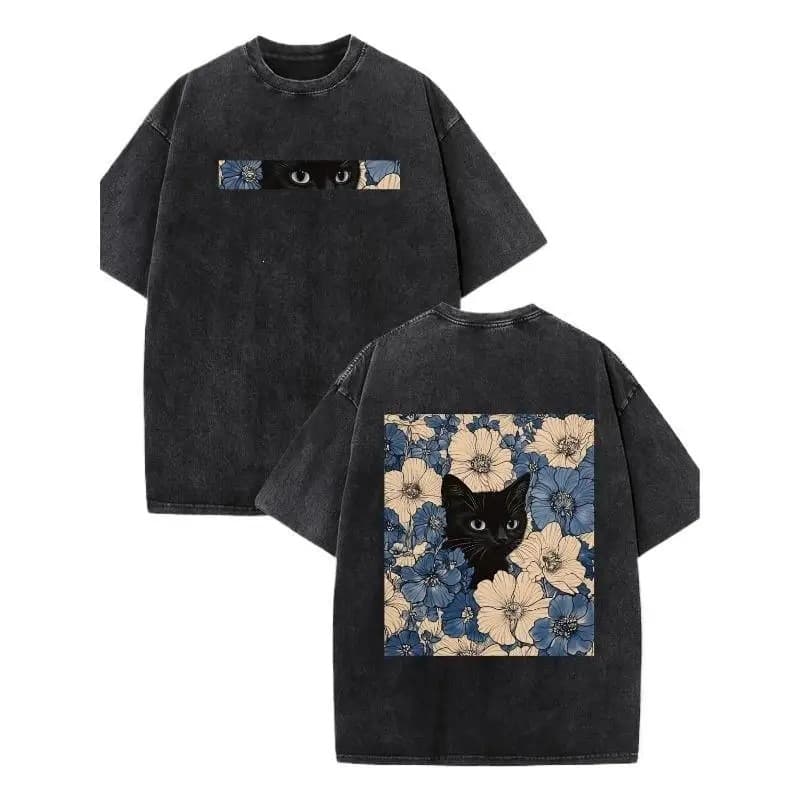 Men's Pure Cotton Short Sleeve T-Shirt with Round Neck, Black Cat Print, Vintage New Style