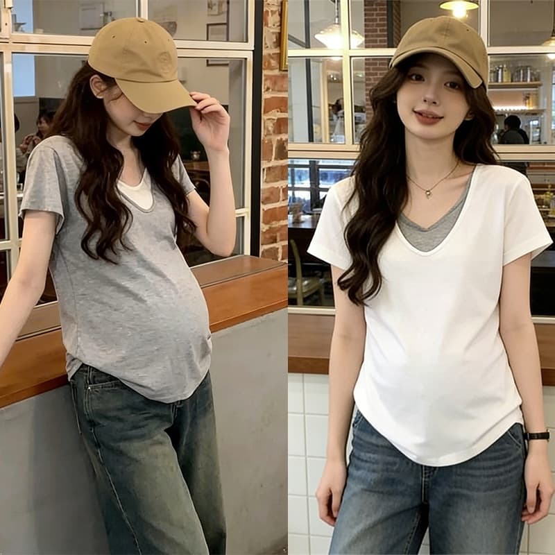 Korean Style 2026 Summer New V-Neck Loose Fit Concealing Belly Slimming Fake Two-Piece Maternity T-Shirt Short Sleeve Women