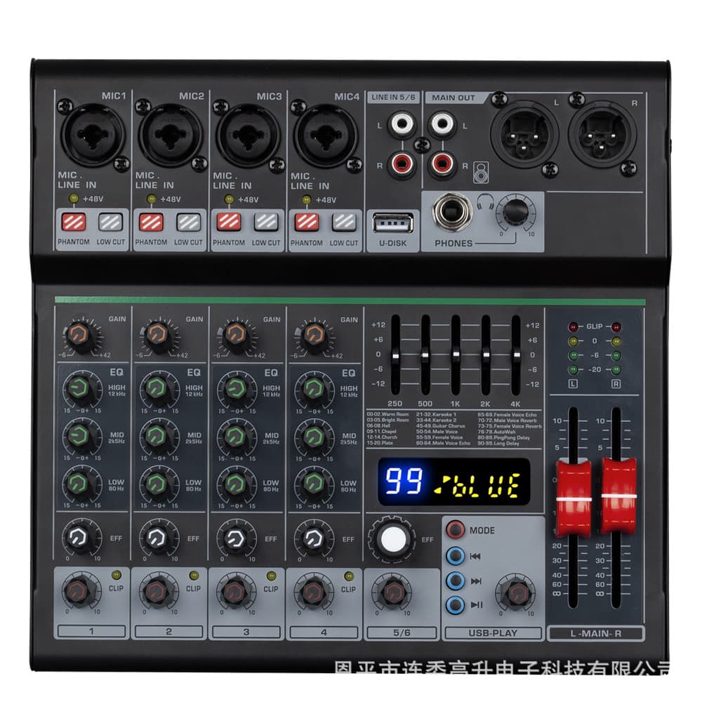 Private Mold 6-Channel OTG Multi-Function Mixing Console 99DSP Bluetooth USB Reverb Equalizer Audio Mixer DJ MIXER