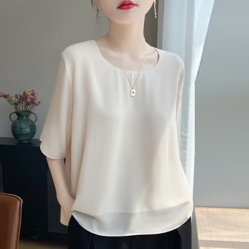 French-Style High-End Round-Neck Five-Quarter Sleeve T-Shirt for Women, New 26-Style Loose Drape Satin Half-Sleeve Women's Top Blouse