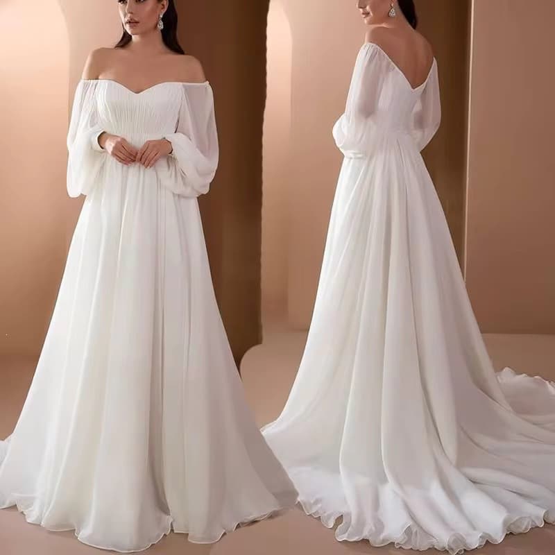 European and American Light Wedding Dress 2026 New Style One-Shoulder Lantern Sleeve Fitted Waist Full Skirt with Train Outdoor Bride Dress