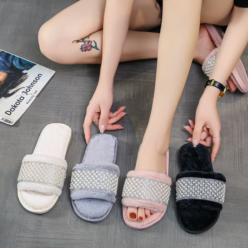 Cheng Rui Plush Slippers Autumn Winter New One-word Pearl Europe America Cross-border Cotton Slippers Stock Custom Large Size Plush Slippers