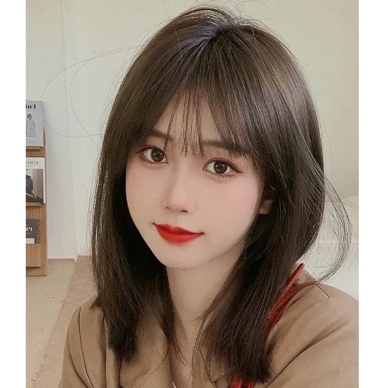 Real Human Hair Full Wig Medium-Long Women's Trendy Air Bangs Clavicle Length Straight Hair
