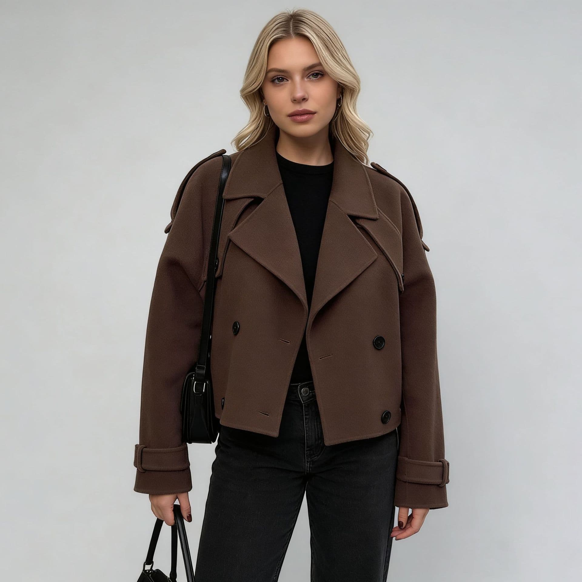 2025 New Cross-Border Foreign Trade European and American Women's Fashion Amazon Large Lapel Woolen Fashion Short Coat with Belt