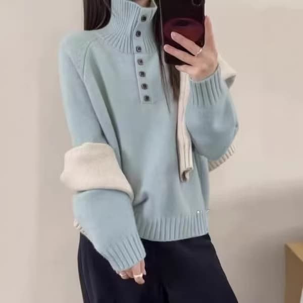 Cross-Border New Stand Collar Solid Color Raglan Long Sleeve Pullover Sweater Women Half Button Design Sense Pullover Sweater Women