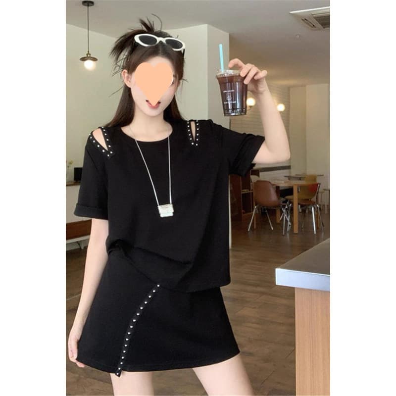 Summer Short Sleeve and Skirt Two-Piece Set for Curvy Girls Up to 300 lbs, Korean Style Casual Outfit, Youthful Plus Size Women's Wear