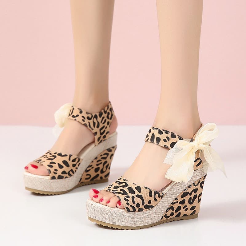 Cross-Border Trade Plus-Size Wedge One-Strap Sandals Women's Summer New Leopard Print Scarf Tie High-Heel Sandals