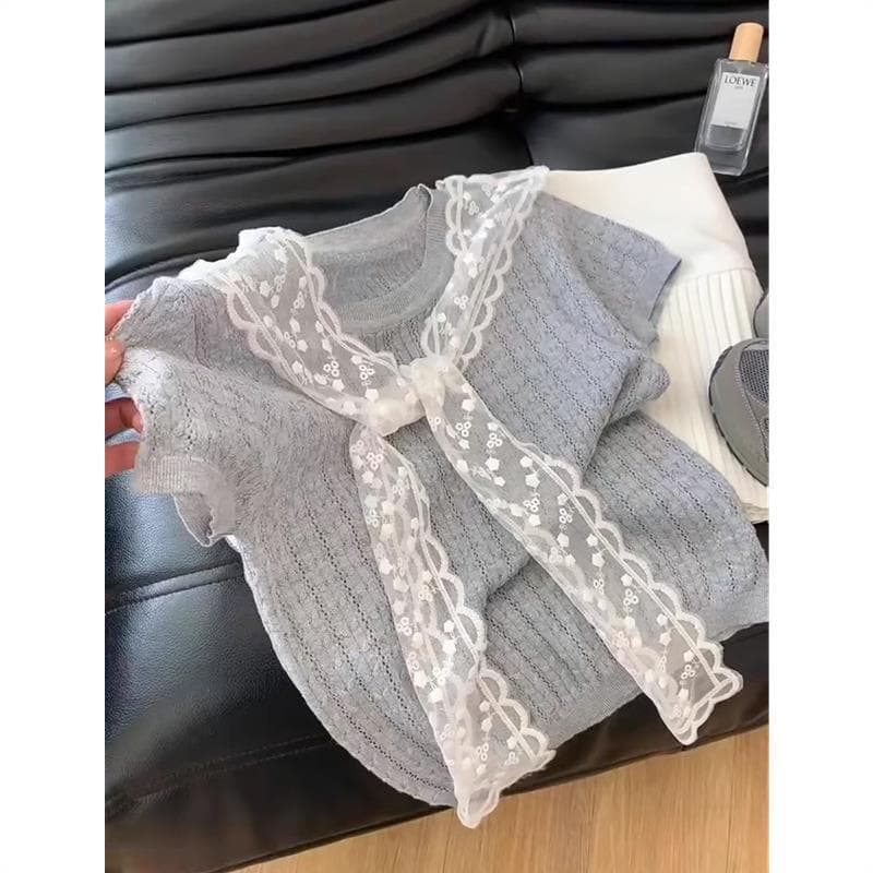 Women's New Summer Casual Short-Sleeve T-Shirt with Shawl, Lace Ruffle Trim Skirt, Lace Patchwork Spring Outfit Set