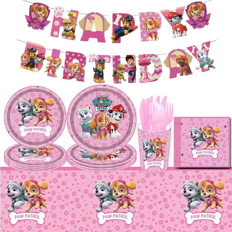 Pink Paw Patrol Theme Girls Dog Team Outfit Decoration Tablecloth Plates Cups Kids Birthday Party Decorations