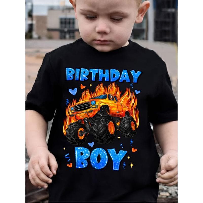 Ouma Cross-Border Cotton Birthday Boy and Monster Truck Printed Boy T-Shirt