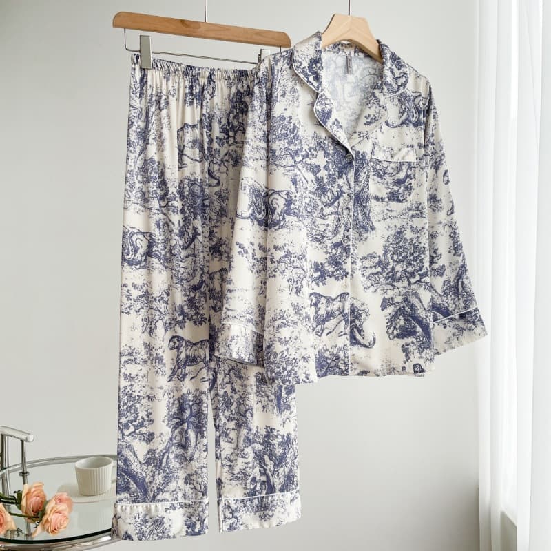 Korean Spring/Summer New Trendy Ink Print Ice Silk Pajamas Women INS Simple Small Lapel Long Sleeve Loungewear